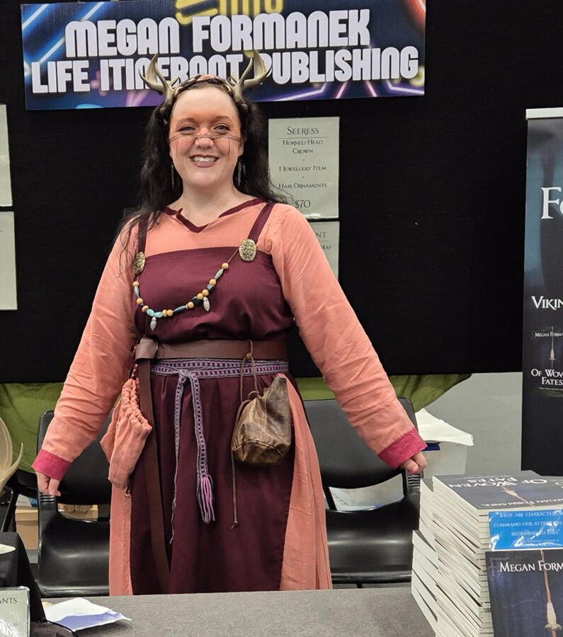 Megan Formanek dressed in fantasy inspired Viking Age seeress costume.